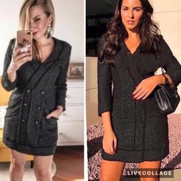 Zara Black Tweed Blazer Mini Dress Metallic Double Breasted - Picture 1 of 11